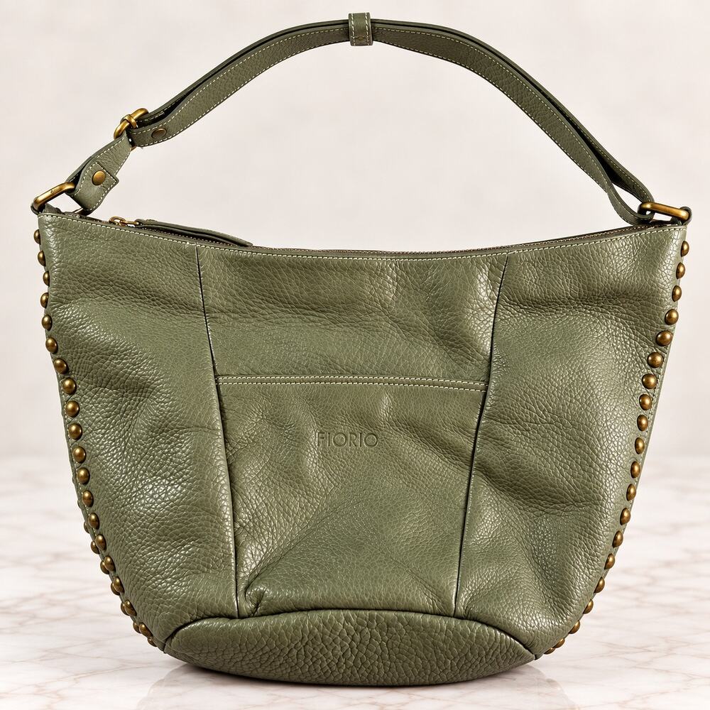 Avorio Italian Leather Hobo Bag Sage Green Studded Shoulder Purse Made Italy